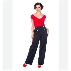 Banned Retro 50s style Black Sailor Wide Leg Pants Trousers Buttons Nautical L